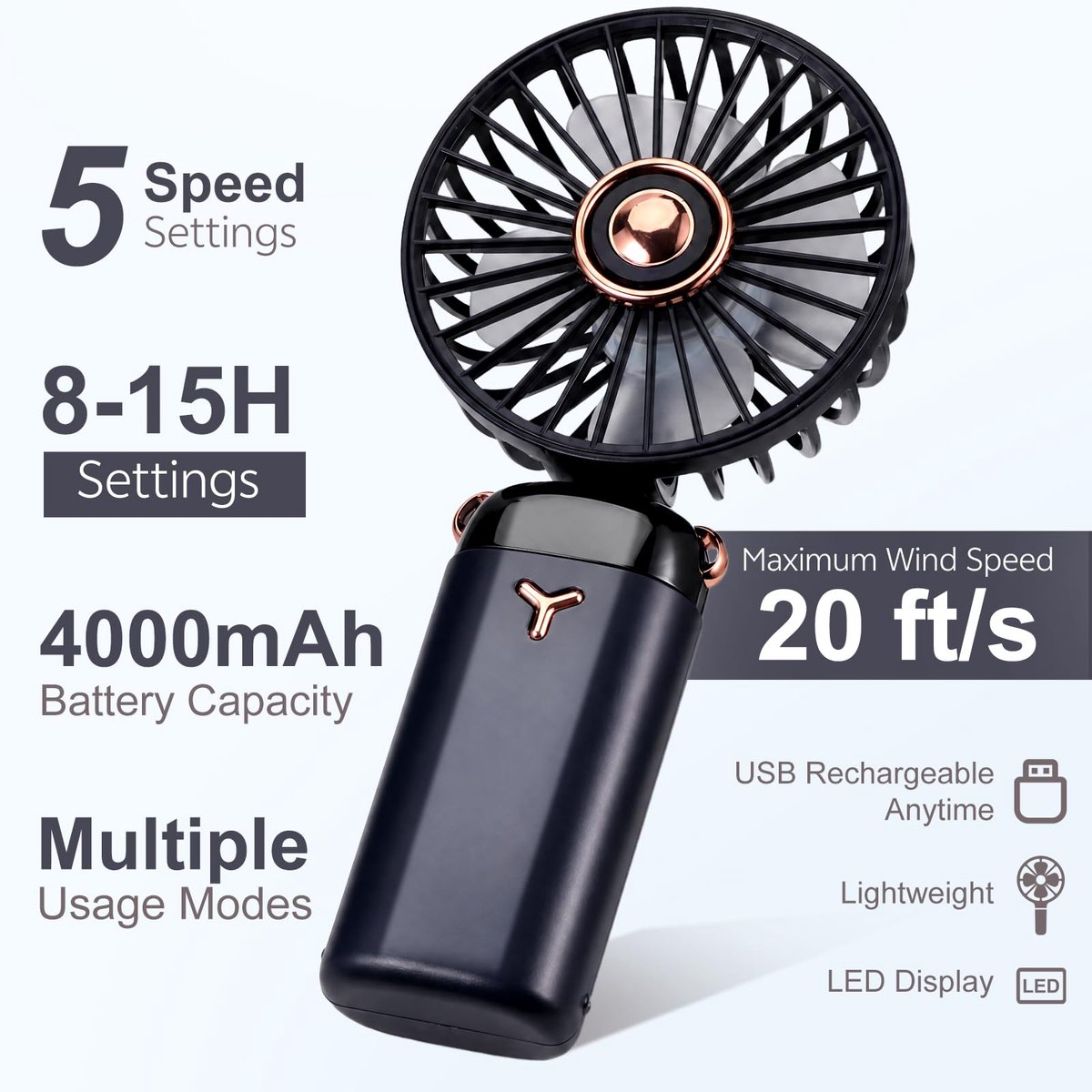 SnelShoppen - Draagbare USB Ventilator met 5 Snelheden, Oplaadbaar, Tot 15 Uur, Opvouwbare Mini Reisventilator met Sleutelkoord voor Kamperen, Feest,