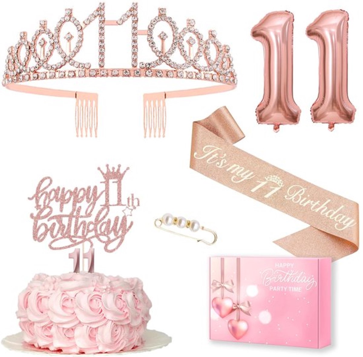 Verjaardagsdecoratie voor 11e verjaardag - Verjaardagskroon - Sjerp - Taartdecoratie - Kaarsen - Roségouden folieballon 11 - Verjaardagsfeest