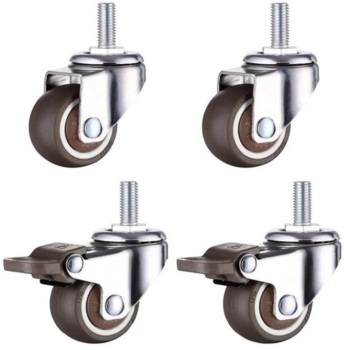 Meubelwielen Set van 4 - Zwenkwielen met Schroefdraad M6 x 15 mm - Draagvermogen 40 kg - Zacht Rubber TPE - Met/zonder Rem - Wieldiameter 25 mm