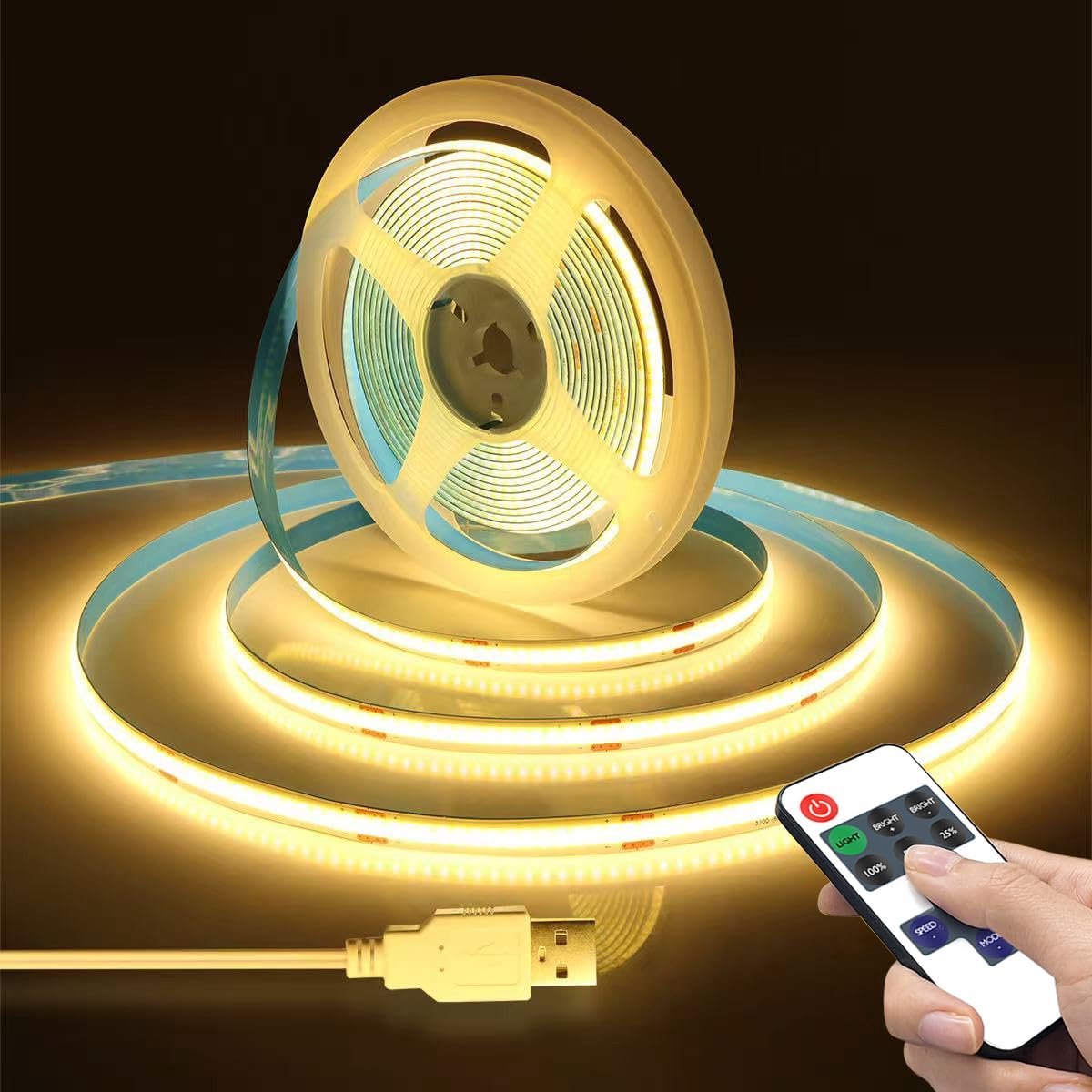 SnelShoppen - 1M WarmWhite COB LED Strip - Dimmable USB LED Strip met Afstandsbediening - 320 LEDs voor Kabinet, Kledingkast en Paneelverlichting