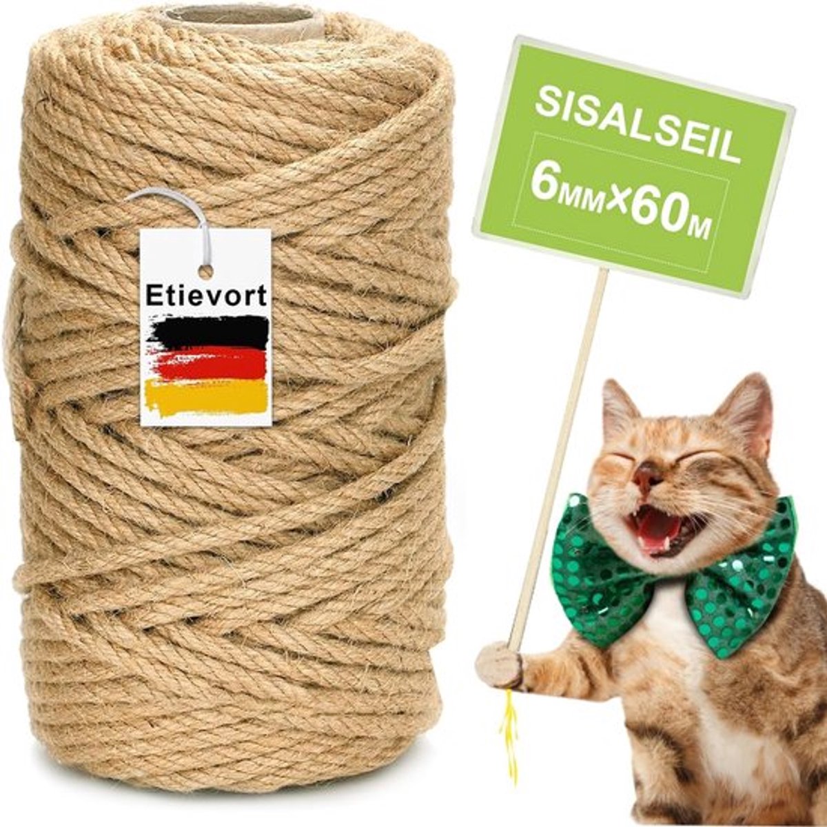 Sisal Touw 6 mm x 60 m - Vervangend Touw - Krabpaal/Kattenboom - Natuurlijk/Sisal - Slijtvast/Krasbestendig - Geurneutraal - Krabpaaltouw