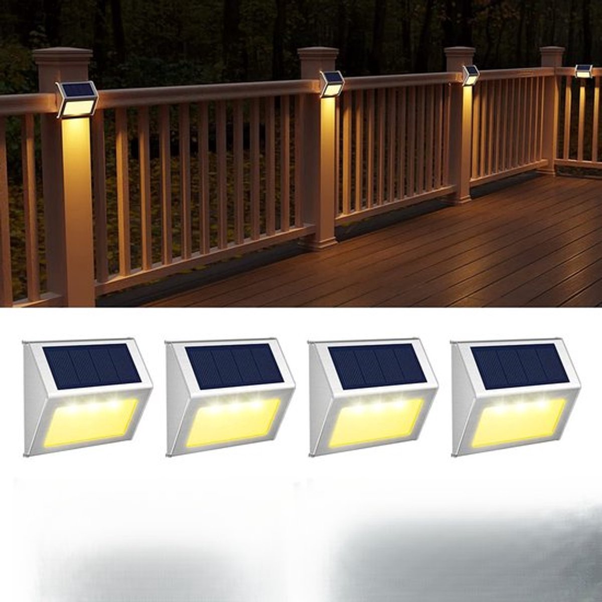 4 stuks set zonne-energie traptredenlampen, zonne-energie traplampen, buiten LED dekverlichting, waterdichte LED zonne-lamp, geschikt voor treden, trappen, gangen, paden, tuin - warm licht stijl