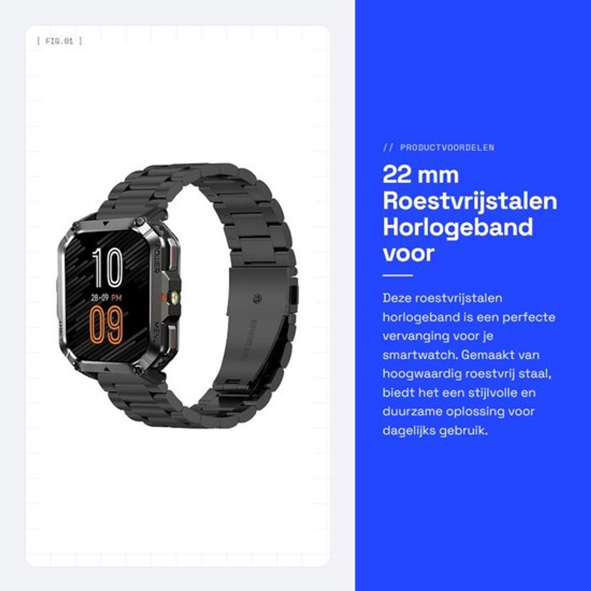 22 mm Roestvrijstalen Horlogeband voor Smartwatch, Slijtvast en Stijlvol