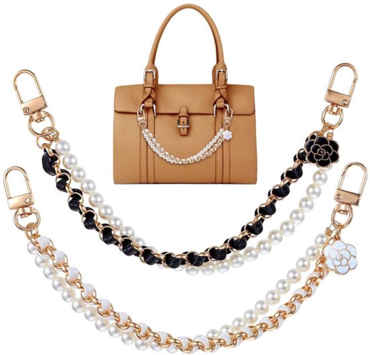 Parelkettingen - Portemonnee-ketting - Elegante uitstraling - Goud-zwart - Tassenketting - Duurzaam en stijlvol - Geschikt voor handtas