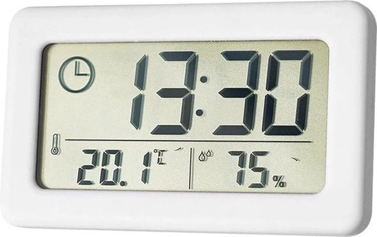 Digitale wekker met thermometer en hygrometer, LED-display dat de luchtvochtigheid binnenshuis weergeeft, wit.