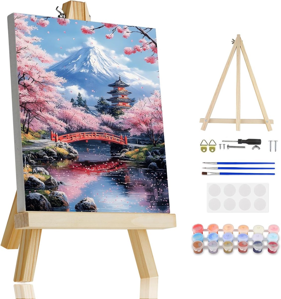 SnelShoppen - Cherry Blossom Fuji Schilderen op Nummeren voor Volwassenen met Lijst - Schilderen op Nummeren Set met Kwasten en Acryl DIY Olieverf Kit
