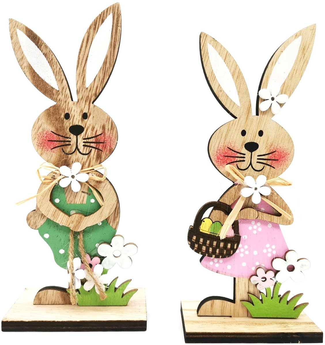 Dailygoods- Paashaas Houten Figuren - 2 Stuks - Bloemendecoratie - Tuindecoratie - Tafeldecoratie - 19 cm - Natuurlijk Hout - Paasdecoratie