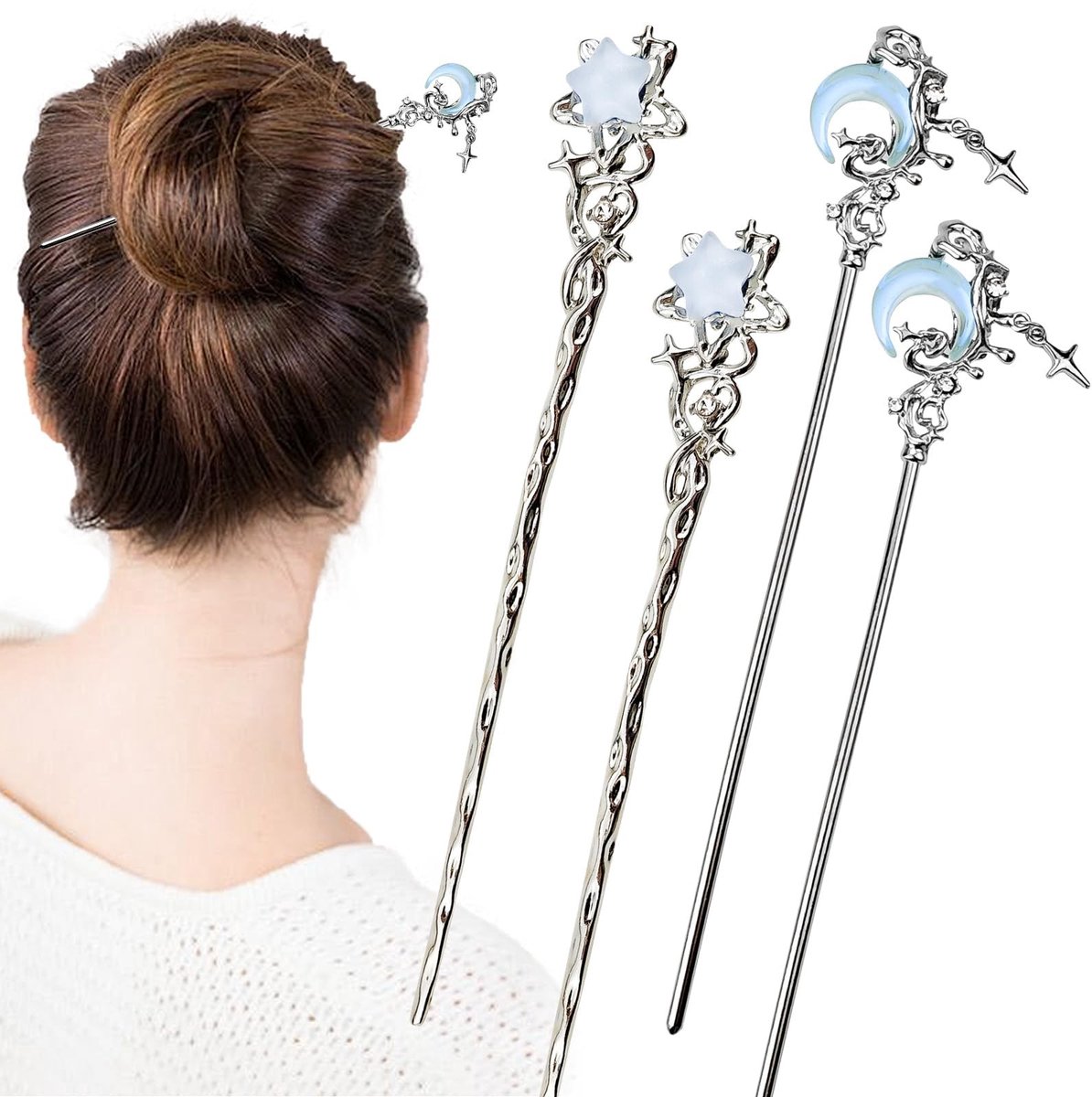 Dailygoods- Haarspelden 4 Stuks - Vintage Ster/Maan Design - Hoogwaardig Metaal - Geschikt voor Middeldik tot Dik Haar - Elegante Haaraccessoires - Haarklem