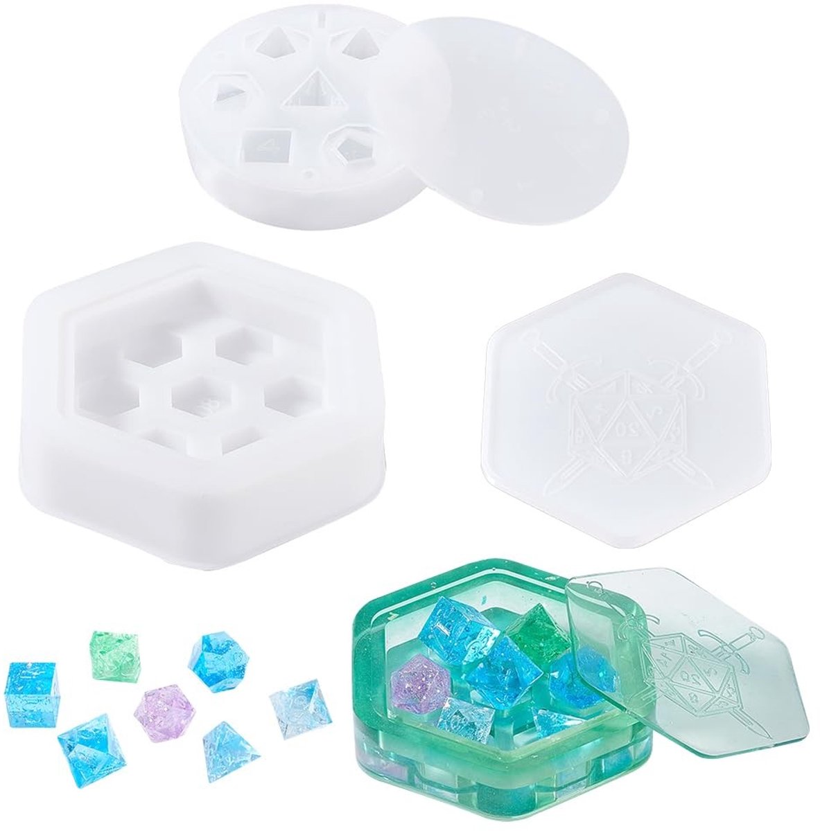 Dailygoods- Dobbelstenen Mal Set 7 Stuks - Siliconen Mallen - Opbergbak - DND Dobbelstenen Maken - Grootte 102x6-21mm - Creatieve DIY Ervaring - Dobbelsteenmallen