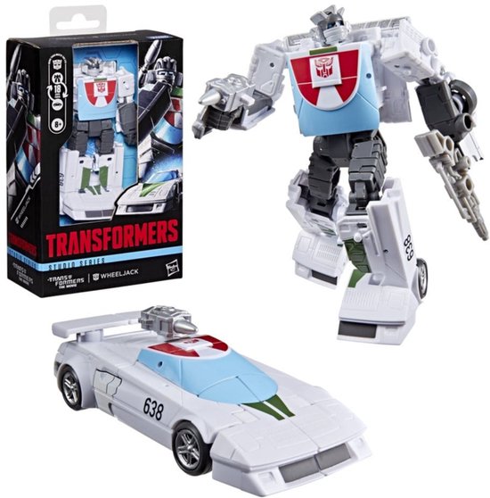 Doos en figuur van de Transformers Studio Series Wheeljack. De witte robot heeft een blauw en rood borstschild en een witte sportwagen.