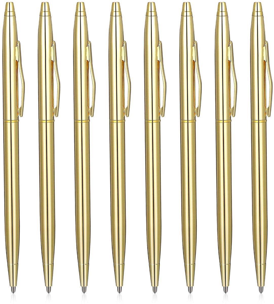Dailygoods- Balpennen 8 Stuks - Slanke Metalen Balpennen - 1 mm Medium Punt - Zwarte Inkt - Draagbaar - Gouden Afwerking - Pennen