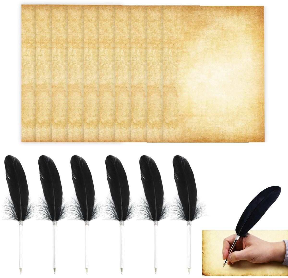 Dailygoods- Veerpen Set - 6 Stuks - Inclusief 10 Vellen Dubbelzijdig Schrijfpapier - Retro Design - Metalen Penlichaam - Elegante Schrijfervaring - Schrijfpennen