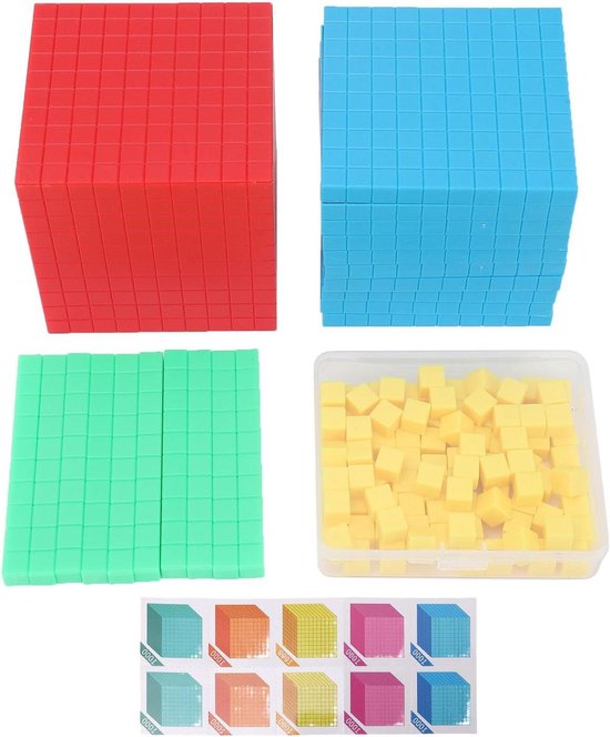 Ensemble de cubes rouges et bleus, barres vertes et unités jaunes avec feuille d'autocollants.
