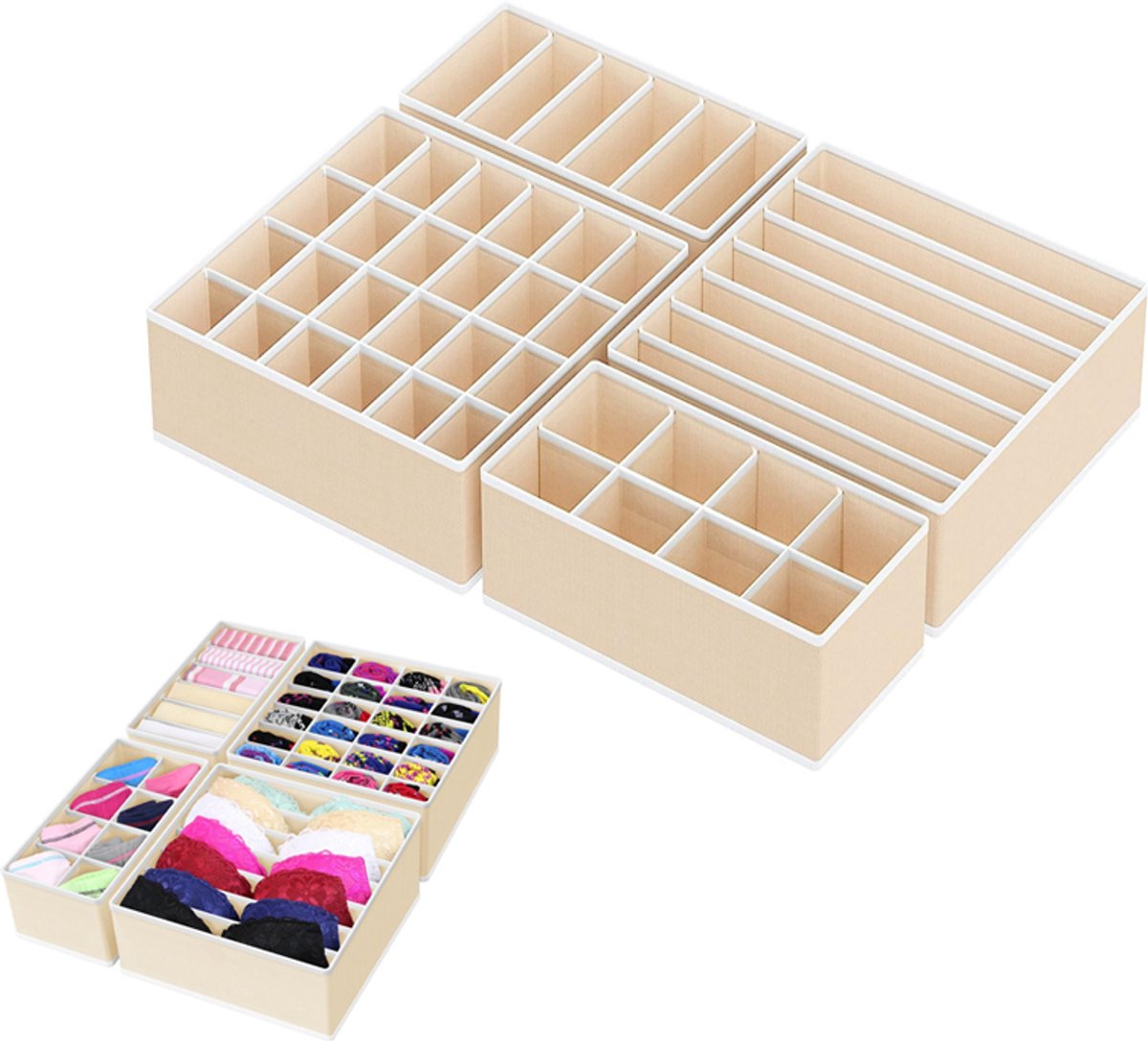 KZQ Grote opbergdozen voor in de kledingkast - Lade-organizers voor sokken en ondergoed - Opvouwbare stoffen opbergdozen - Geschikt voor ondergoed, bh's, sokken, stropdassen, enz. - beige