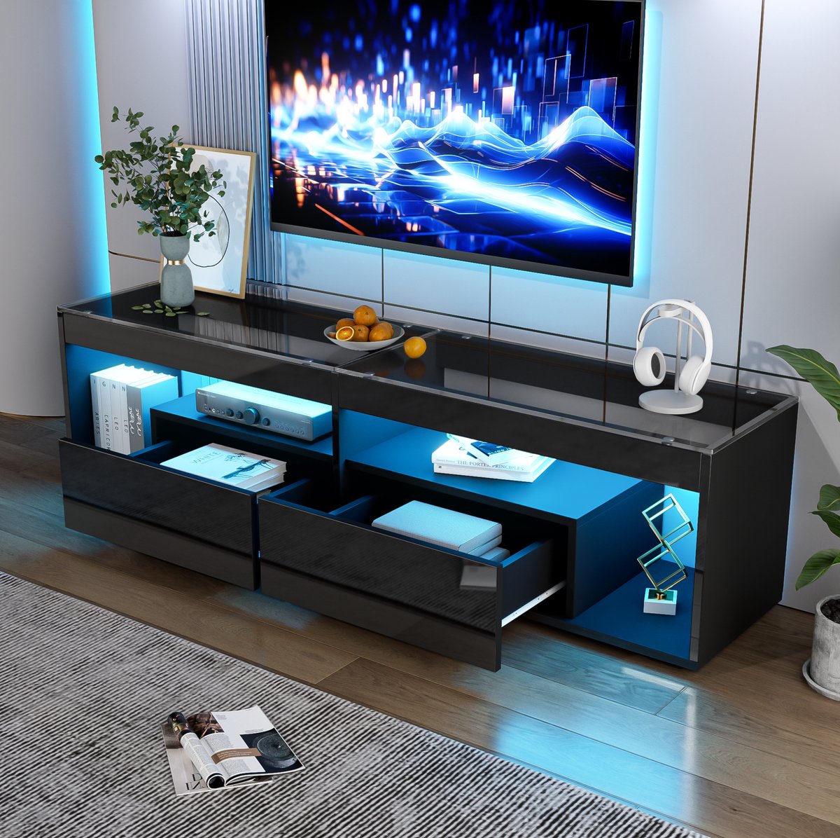 DESMIU Tv Meubel - Hoogglans Met Ledverlichting En 2 Lades - Voor Woonkamer En Slaapkamer - Spaanplaat En Gehard Glas - 180x40x46 Cm - Zwart