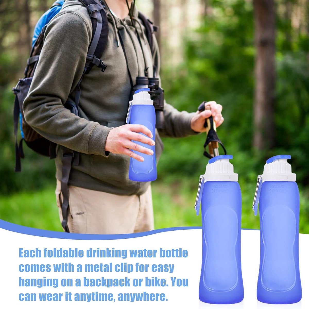 2 Stuks - 500 Ml - Drinkfles - Met Karabijnhaak - Waterzak - Duurzaam - Siliconen - Opvouwbaar - Bpa Vrij - Geschikt Voor Sportschool, Yoga, Hardlopen, Sporten, Fietsen - Blauw, Transparant — cadeau in Sport & Outdoor - foto 5