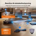 Zwarte robotstofzuiger die obstakels herkent, zoals een hond en meubels, met behulp van AI. Tekst "Reactive AI-obstakelherkenning".