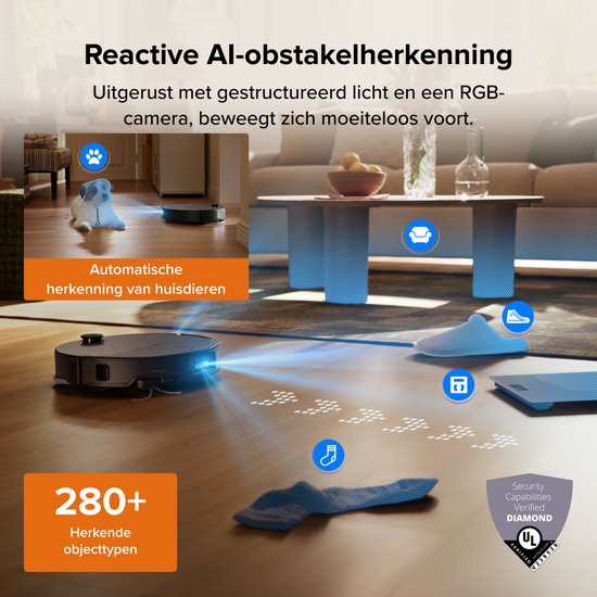Zwarte robotstofzuiger die obstakels herkent, zoals een hond en meubels, met behulp van AI. Tekst "Reactive AI-obstakelherkenning".