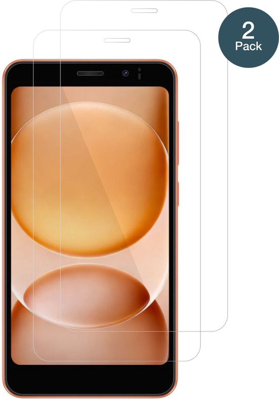 Een smartphone met oranje achtergrond, met twee screenprotectors erop. Cirkel met "2 Pack" rechtsboven.
