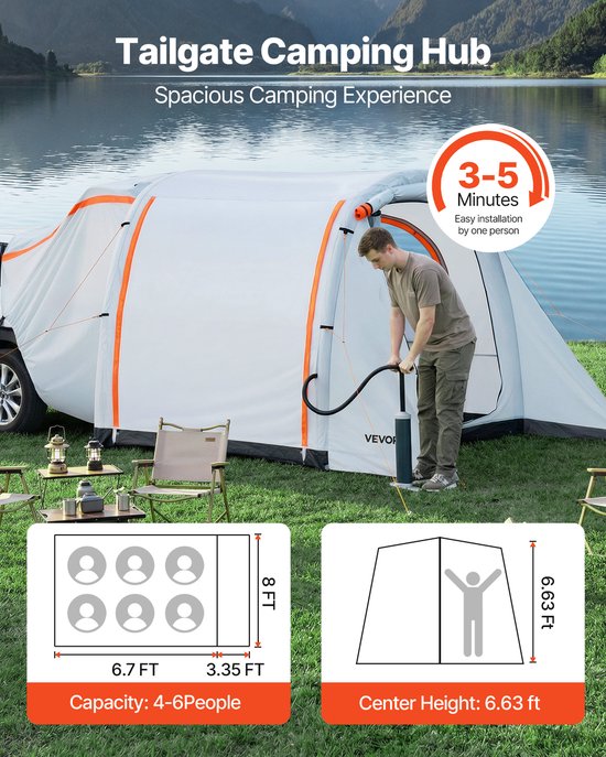 VEVOR Inflatables SUV Tent met Schaduw, 2,44 X 2,04 m 3-Season Suv Tailgate Tent met Geventileerde Deuren & Mesh Raam, Pu2000mm Waterdichte Autoachterkant Tent voor Buitenkampen - Luchtverf Pomp Ingeschakeld van Vevor — afbeelding 4