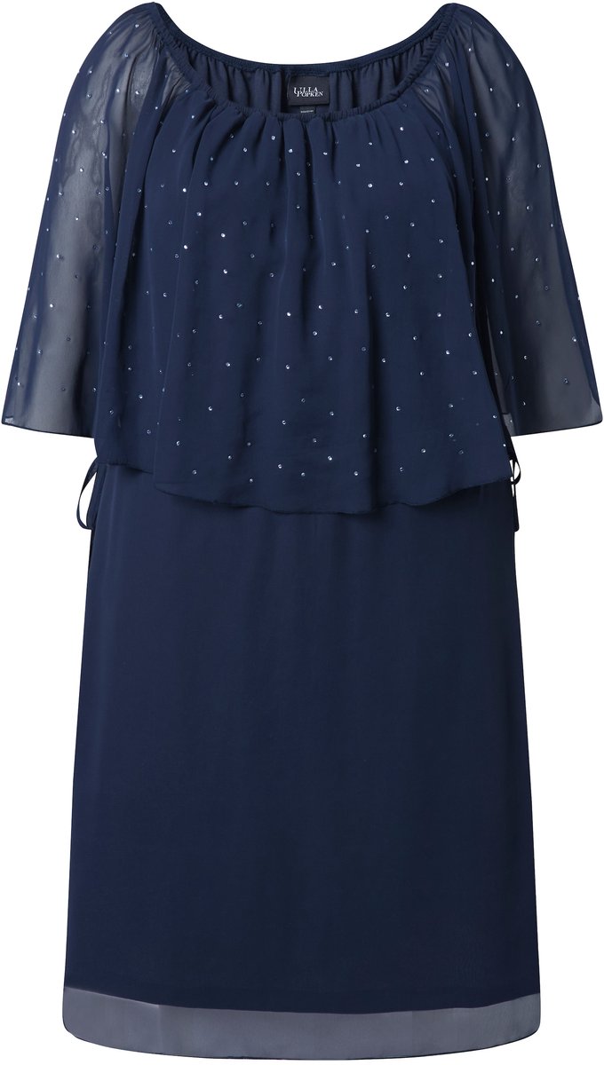 Ulla Popken - Dames - Jurk chiffon-volants A-lijn carmenhals - Marine - Maat 42+