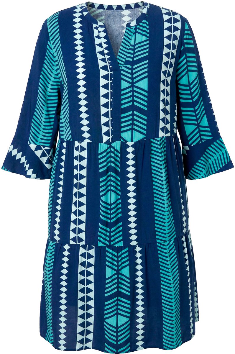 Ulla Popken - Dames - Jurk grafische print tuniekhals 3/4-mouwen - Inktblauw - Maat 58+