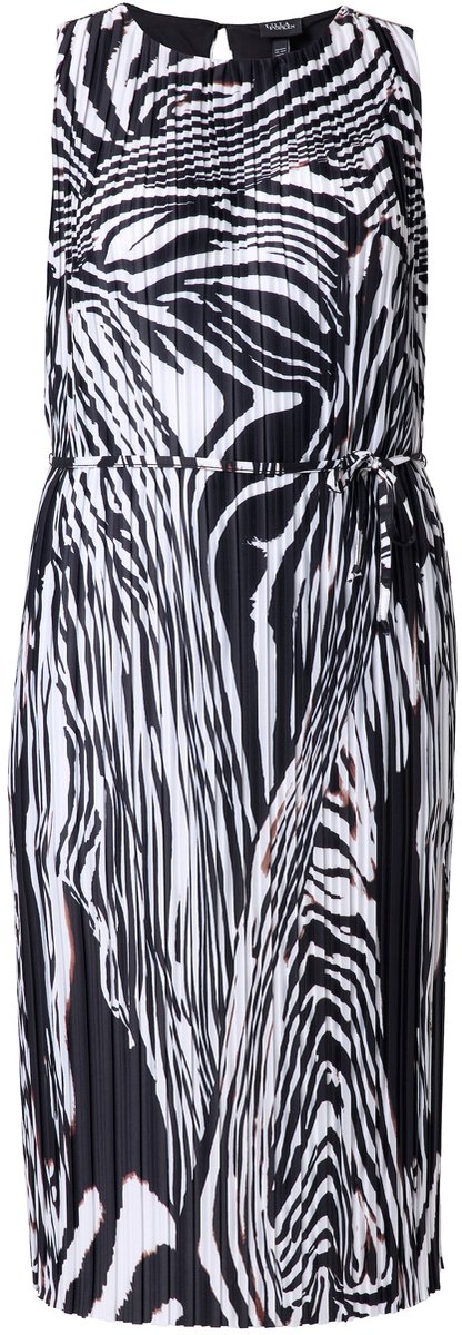 Ulla Popken - Dames - Geplooide midi-jurk zebrapatroon ronde hals mouwloos - Zwart - Maat 42+