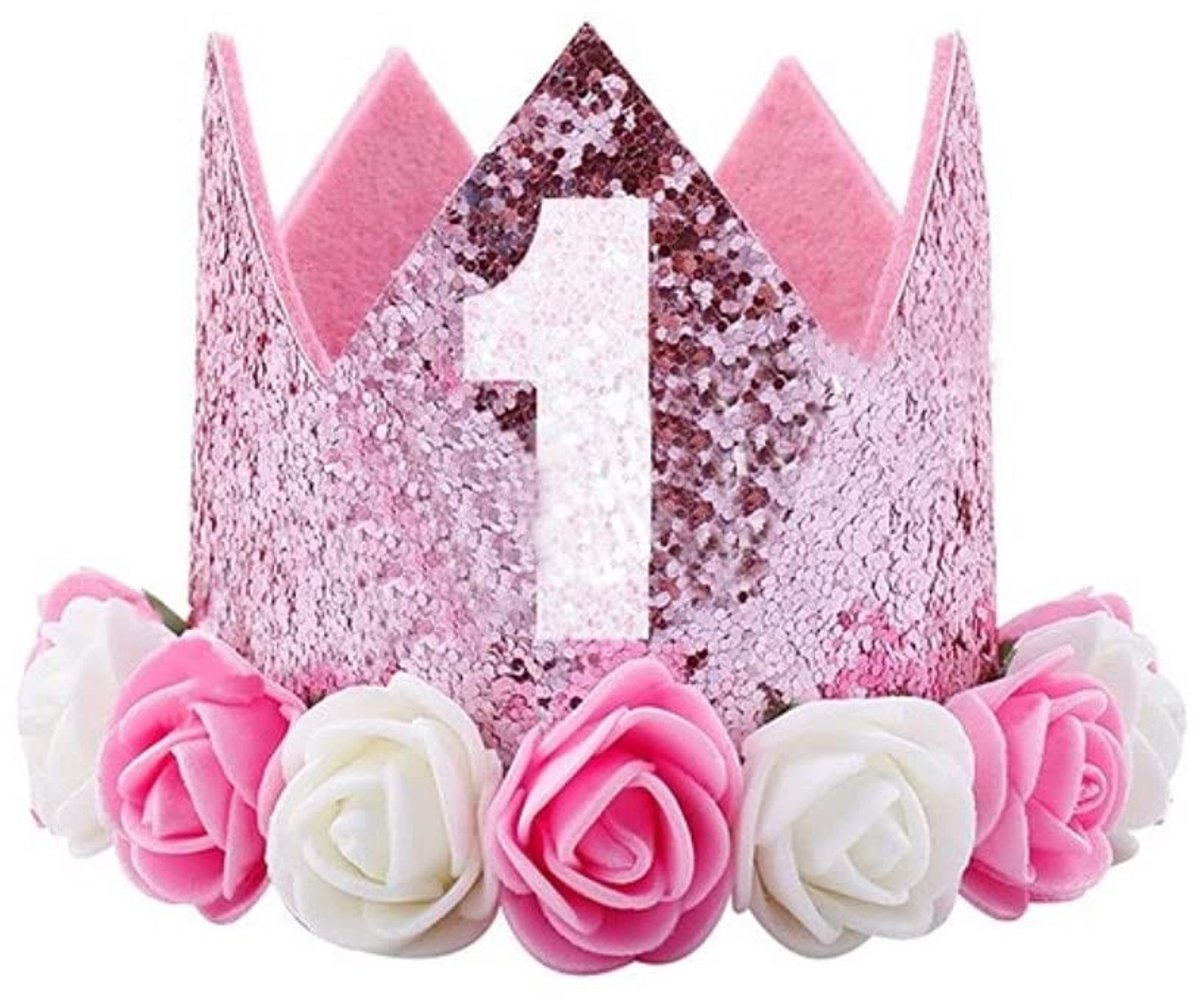Dailygoods- Verjaardagskroon 1 Jaar - Baby Kroon - Hoofdsieraad - Glitterkroon - Zacht en Rekbaar - Perfect voor Foto's - Hoofdtooi