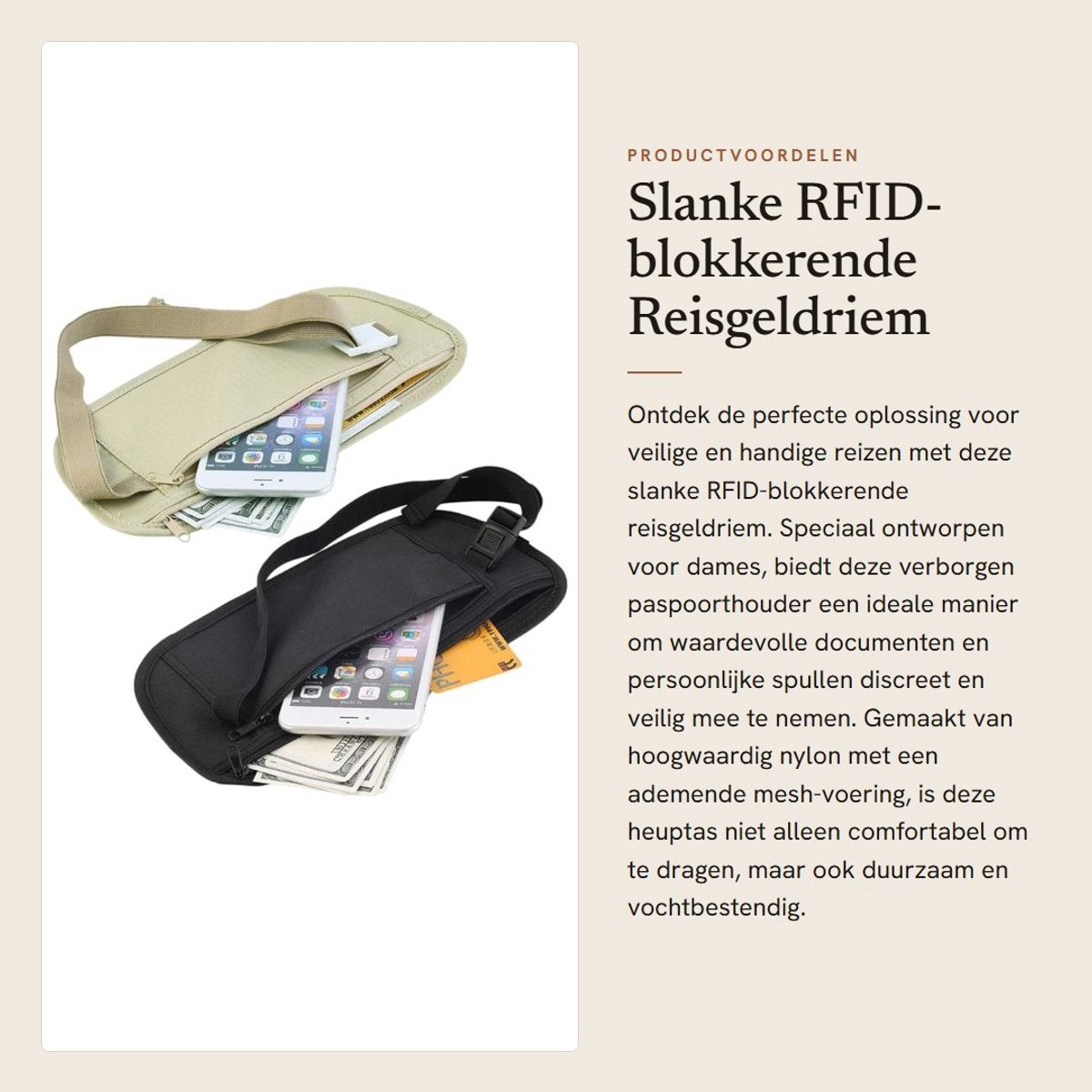 Dailygoods- Heuptas RFID-blokkerend - Heuptasje dames - Heuptas heren - Nektasje - Heuptas wandelen - Lichtgewicht nylon 26 x 13 cm - Geldriem