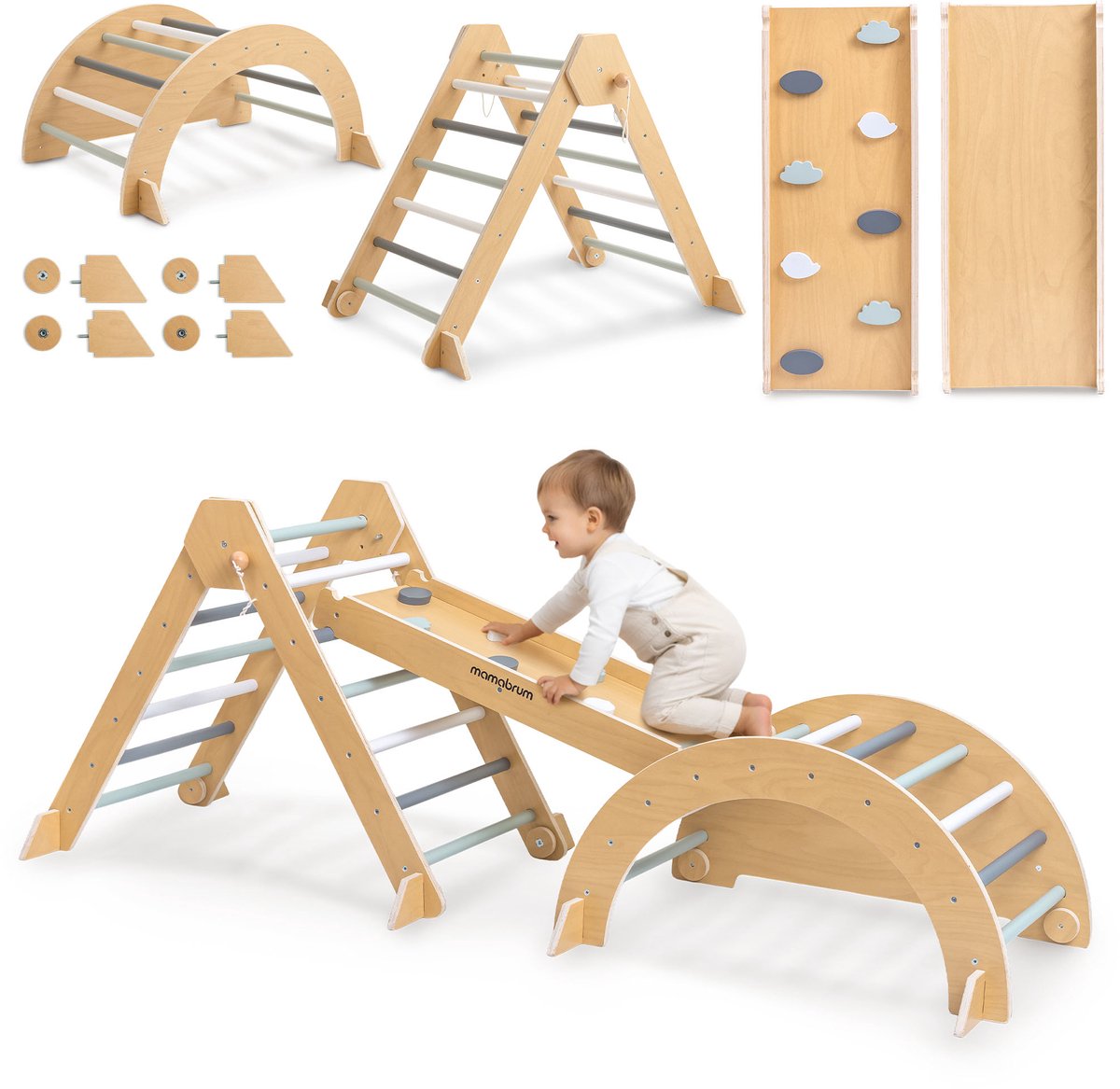 Mamabrum Houten Indoor Speeltoestel Montessori – Pikler Driehoek, Klimboog, Schommel & Glijbaan/Klimwand – Opvouwbare Klimset voor Kinderen tot 50 kg