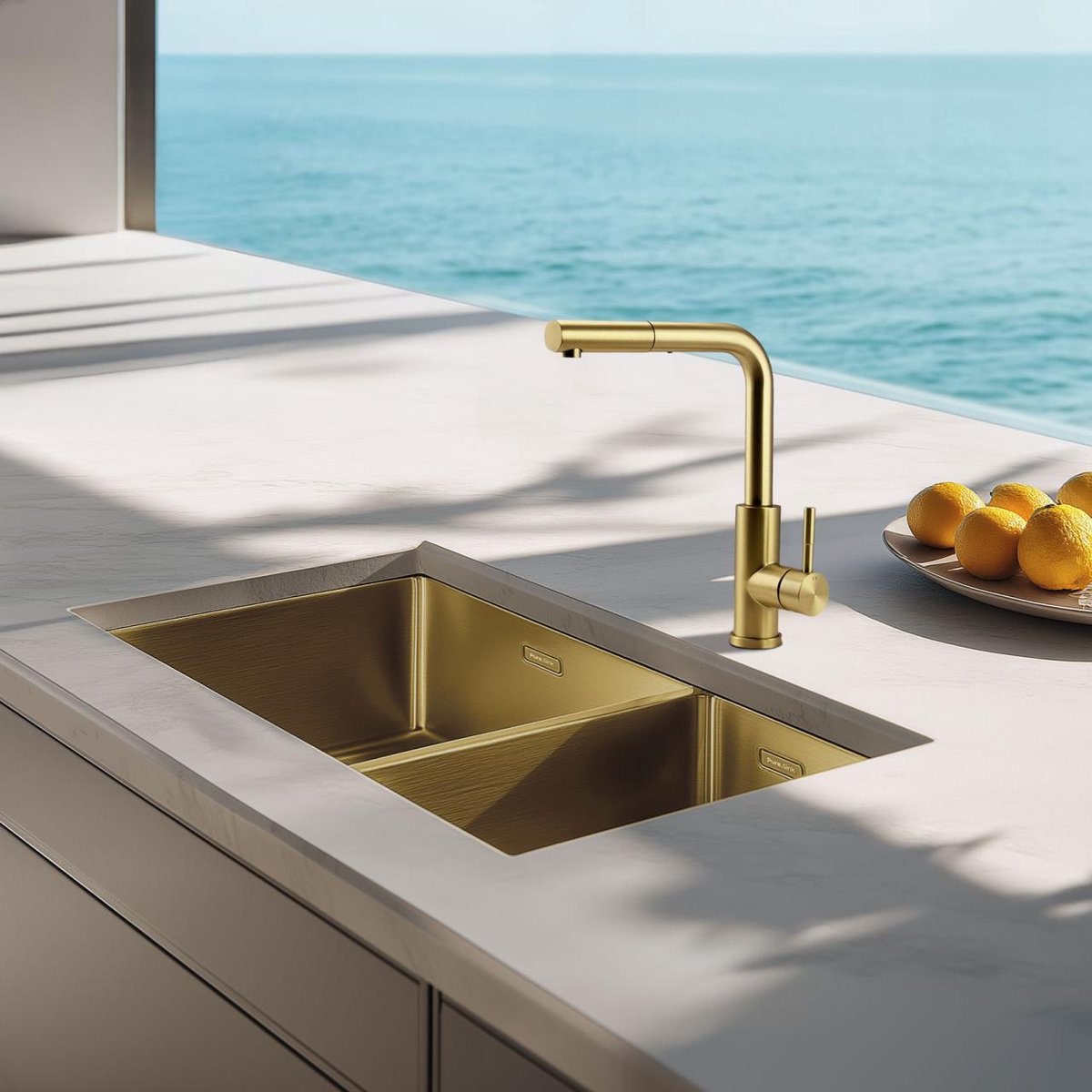Pure.Sink Comfort 1,5 anderhalve PVD gouden spoelbak 34+18 cm grote bak links PEX341840-60