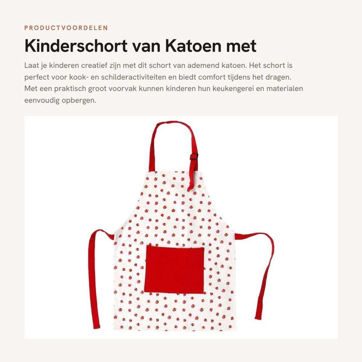 Dailygoods- Kinderschort Aardbeienpatroon - Katoenen Keukenschort - Verstelbare Bandjes - Groot Voorvak - Duurzaam en Comfortabel - Ideaal voor Kook- en Schilderactiviteiten - Kinderschortje
