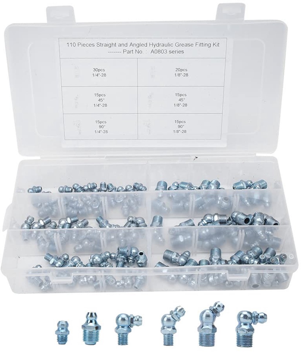Dailygoods- Smeernippel Set 110 Stuks - 45°/90°/180° - Zink-IJzer - Universeel voor Automotoren - Hoogte 23 mm - Buitendiameter 9 mm/5 mm - Smeringsfitting