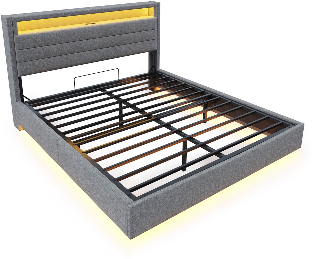 COVREO Opbergbed met hydraulische functie – 140x200 cm – Tweepersoons bed met USB en LED – draaibaar hoofdbord – Grijs - zonder matras