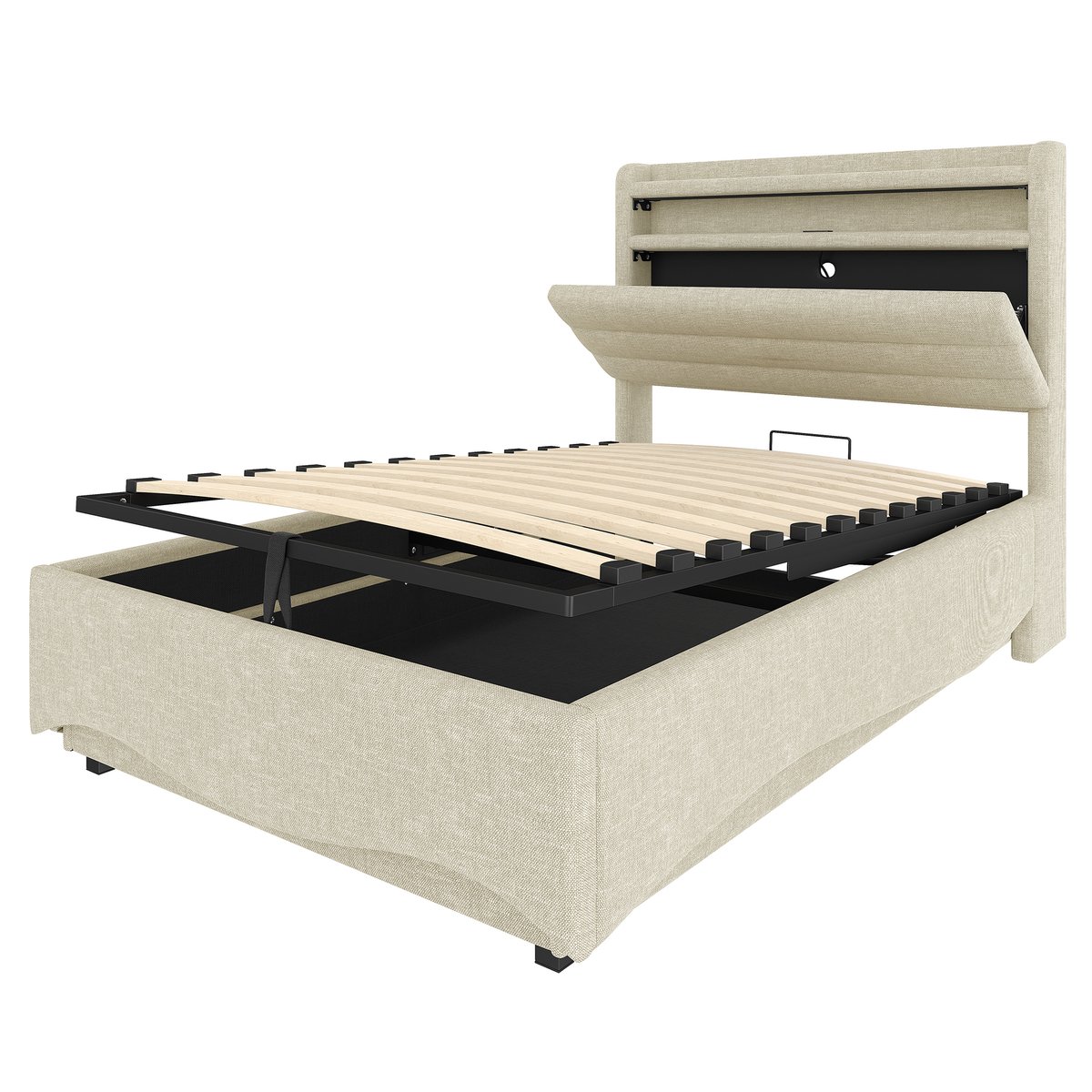 COVREO Bedframe met LED en USB – 90x200 cm – Eenpersoonsbed met opbergruimte – met plank en Type-C – Beige - zonder matras