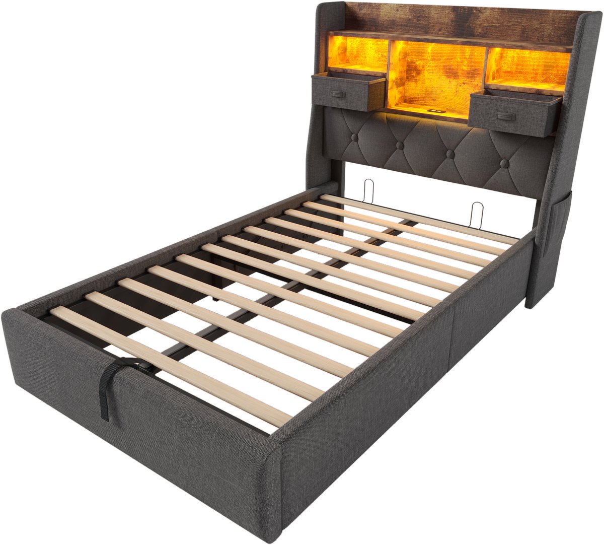 COVREO Bed met hydraulische opbergruimte – 90x200 cm – Eenpersoonsbed met LED-hoofdbord en USB – Bedframe met lattenbodem en Type-C – Grijs - zonder matras