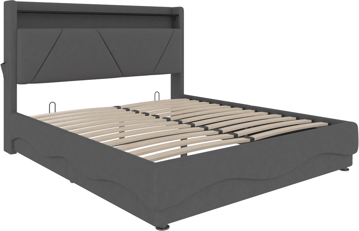 COVREO Bedframe met LED – met opbergruimte – Tweepersoons bed van stof – 140x200 cm – Donkergrijs - zonder matras
