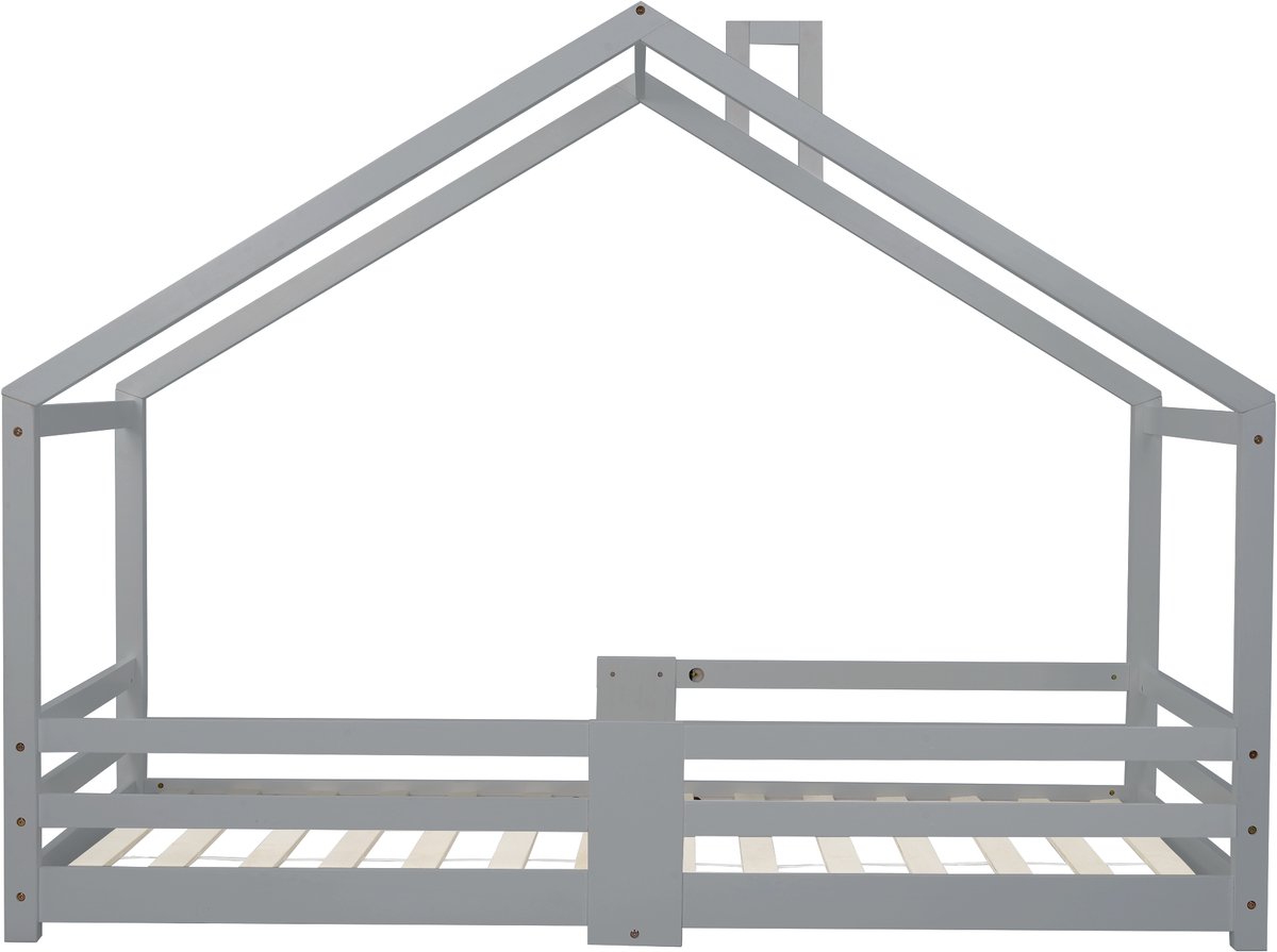 Kinderbedje met schoorsteen, valbeveiliging, stevig lattenframe, grenenhouten constructie, 90 x 200 cm (matras niet inbegrepen), grijs.
