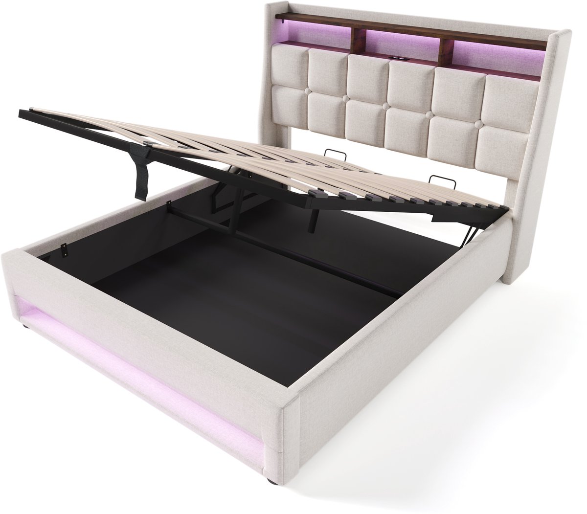 Gestoffeerd bed van 160x200 cm met USB-poort, tweepersoonsbed met ledverlichting, lattenbodem met metalen frame, linnen bedframe, kinderbed (matras niet inbegrepen).