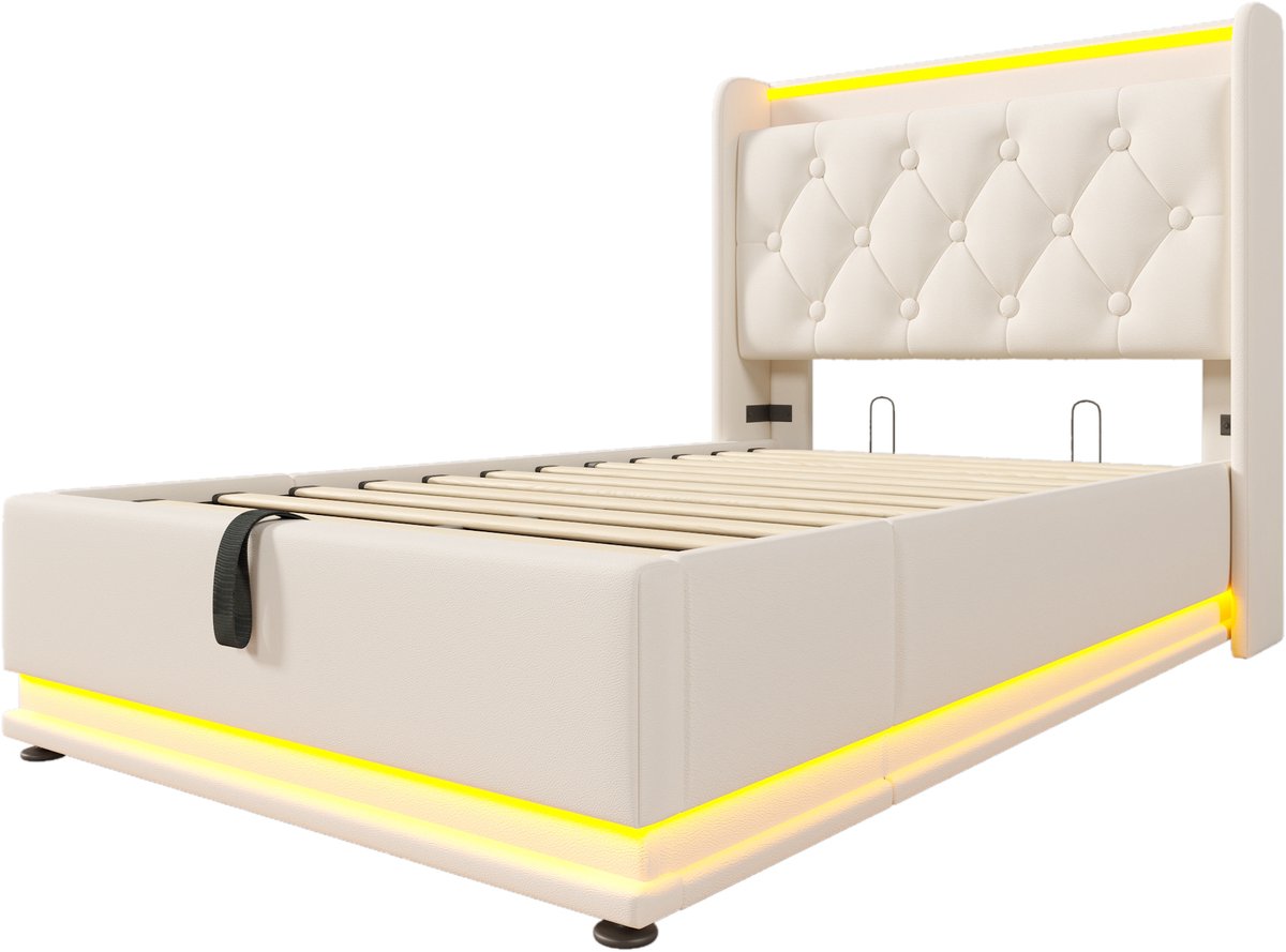 COVREO Bed 90x200 cm wit PU, met LED en USB-C, met opbergruimte