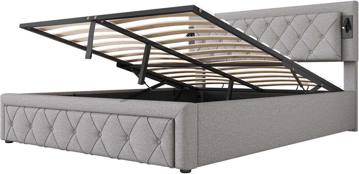 COVREO Opbergbed met USB – 160x200 cm – Tweepersoonsbed met downlights – Hydraulisch frame met lattenbodem – Grijs - zonder matras