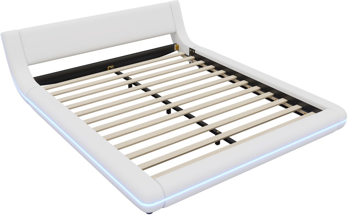 COVREO Bedframe met LED-verlichting – 160x200 cm – Vloerbed van PU en MDF – tweepersoonsbed voor slaapkamer – Wit - zonder matras