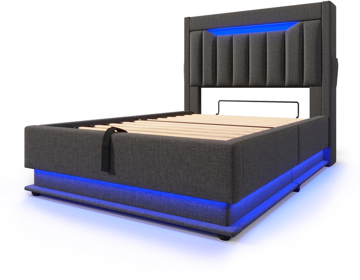 COVREO Bedframe met LED-verlichting en USB-aansluiting – 90x200 cm – Slaapbed met hydraulische opbergruimte – voor slaapkamer – Grijs - met matras