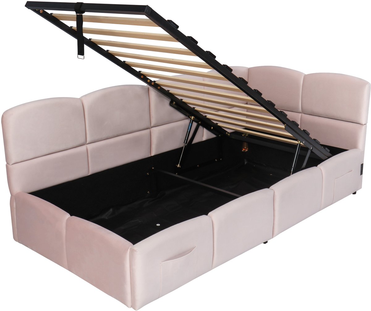 COVREO Slaapbank 90x200 cm roze, velours, opbergruimte, zonder matras