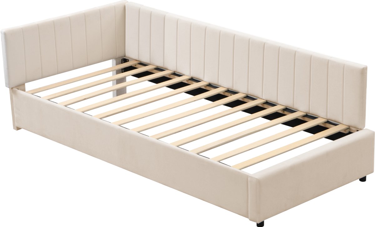 COVREO Slaapbank 197x97x65 cm beige stof en MDF met lattenbodem voor matras 90x200 cm
