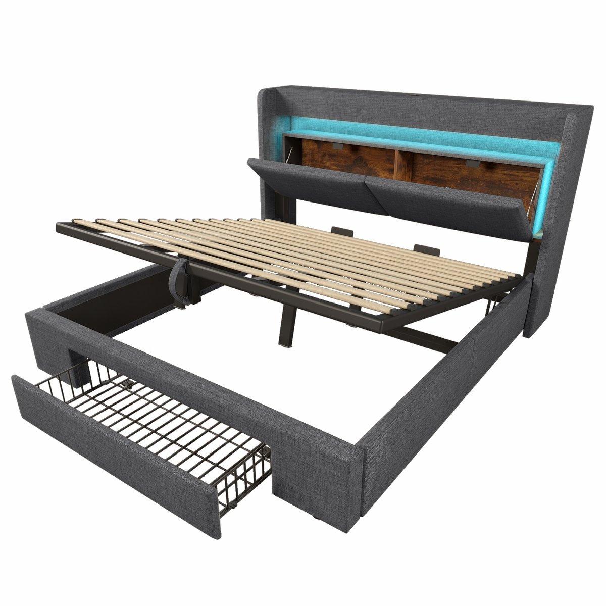 COVREO Bed 180x200 cm - met hydraulische opbergruimte, LED, USB en USB-C, grijs