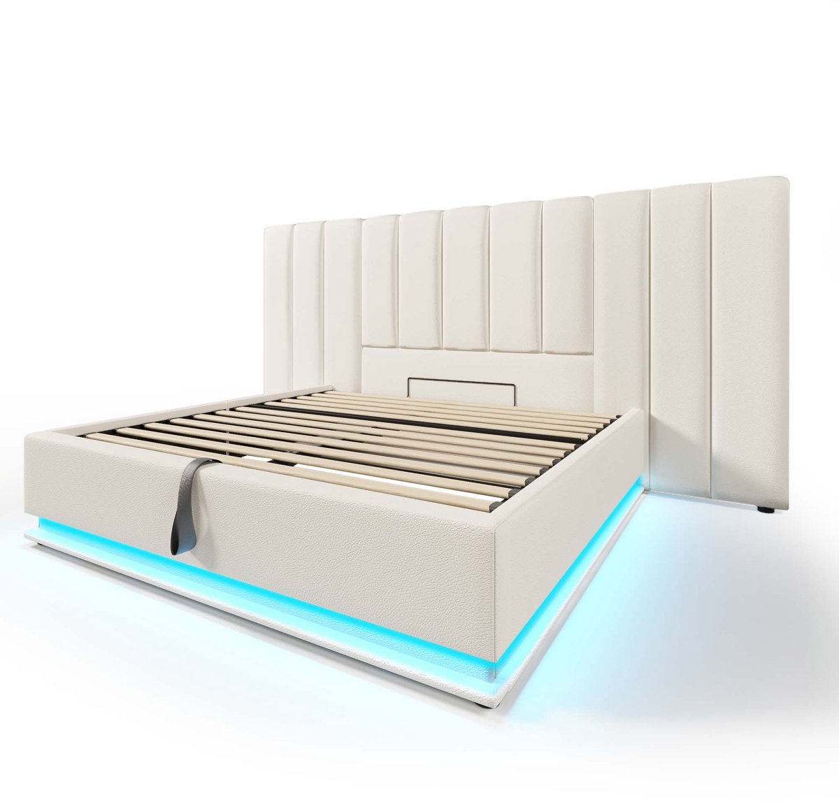 COVREO Gestoffeerd tweepersoonsbed van 180x200 mm met opbergruimte, ledverlichting en USB-C-oplaadfunctie (te bedienen via een app), bedframe met lattenbodem, PU-materiaal, wit, nachtkastje niet inbegrepen (matras inbegrepen). Blanc
