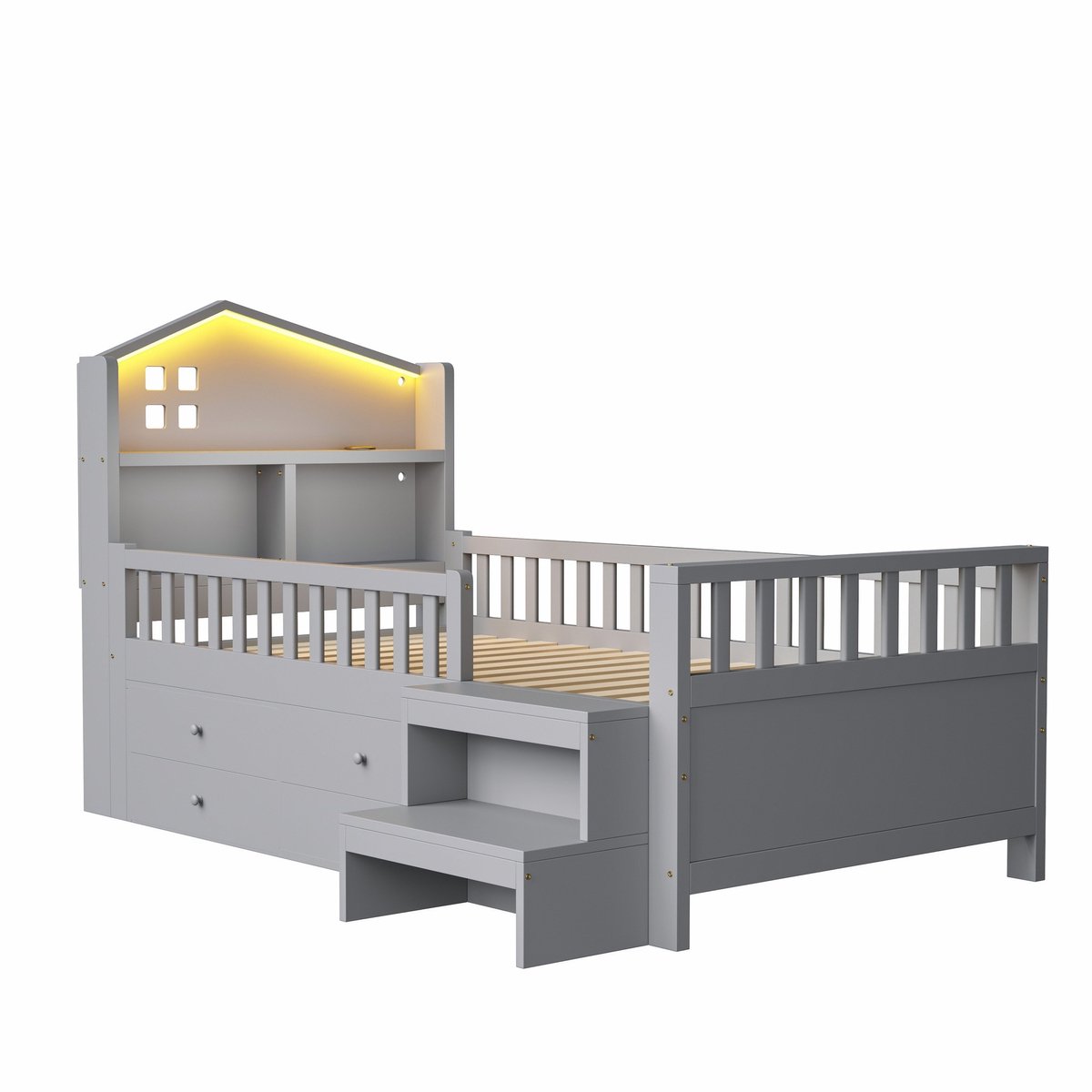 COVREO Kinderbed, 90 x 200 cm, met veiligheidshekjes, vier lades, opstapje, ledverlichting, USB- en Type-C-oplaadpoorten, massief houten frame, eenpersoonsbed, grijs. Gris
