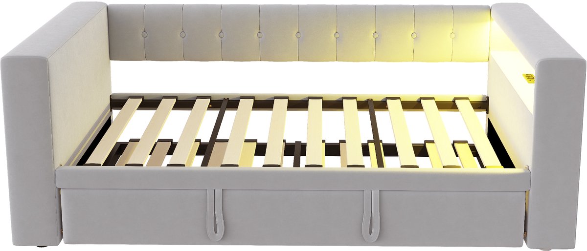 COVREO Slaapbank met ledverlichting – Opbergbed met stopcontact – voor slaapkamer en logeerkamer – 90/180x190 cm – Lichtgrijs - zonder matras