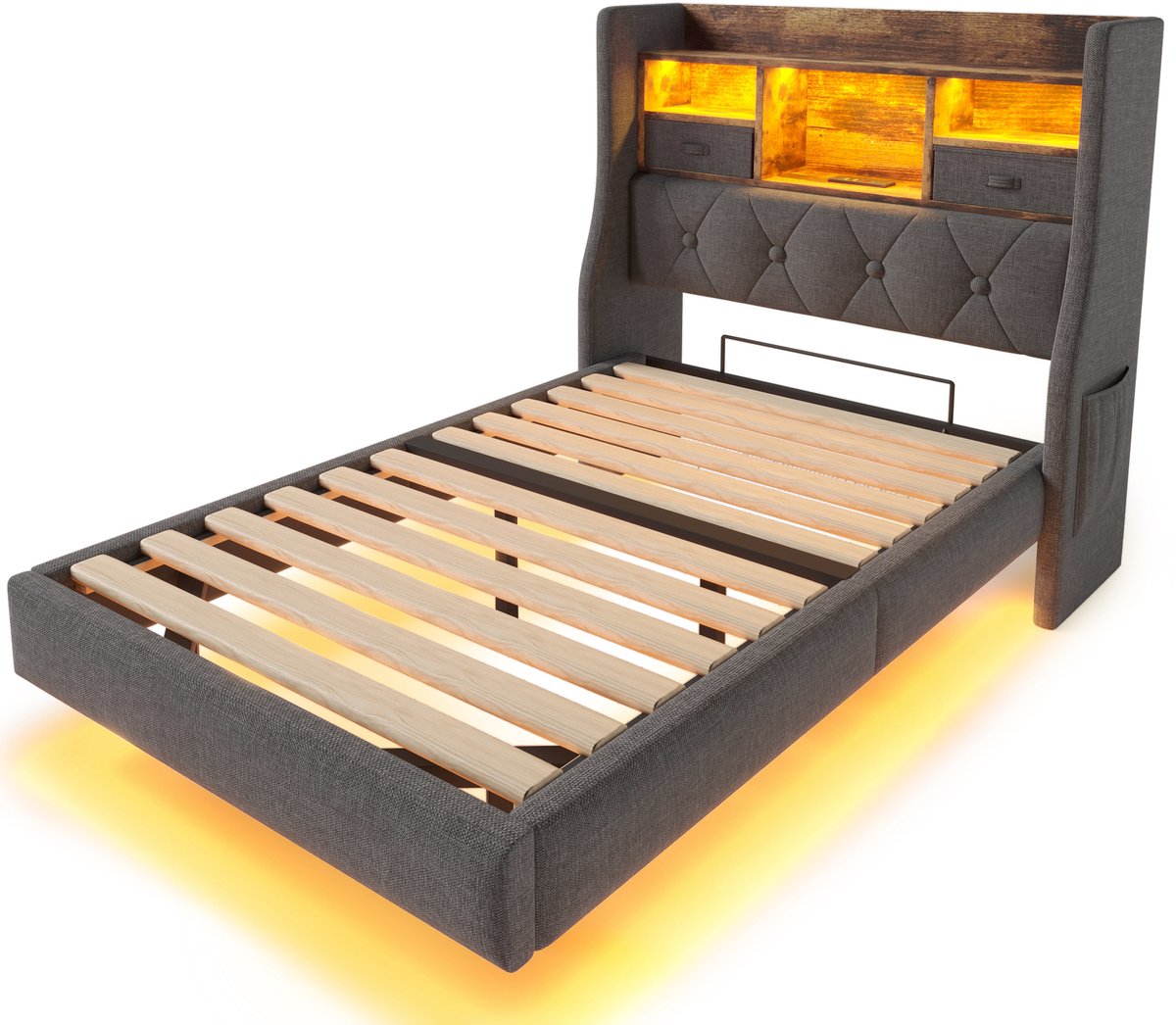 COVREO Bed 90x200 cm - grijs, stof, ledverlichting en opbergruimte in hoofdbord